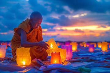Buddhist monk meticulously arranging colorful lanterns under a serene twilight sky symbolizing Vesak Days reverential celebration 