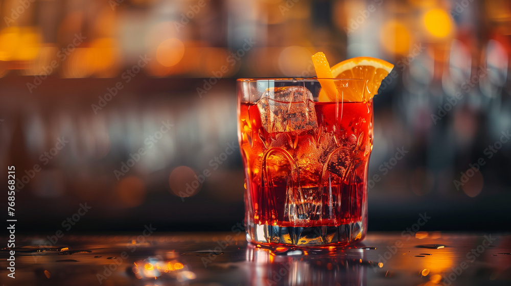 Poster close-up of a negroni cocktail preparation on a bar counter, with a blurred background providing emp