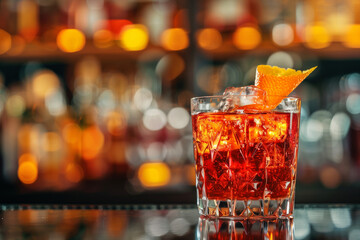 Close-up of a Negroni cocktail preparation on a bar counter, featuring ingredients like gin, vermouth, and Campari, with a blurred background providing empty space for text 