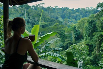 woman having coffee on veranda overlooking dense jungle foliage - obrazy, fototapety, plakaty