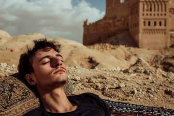 man with eyes closed on a rug, a desert fortress in the background - obrazy, fototapety, plakaty