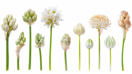 Close-up of blooming wild leek flowers during various stages of their life cycle, isolated on a white background  - Powered by Adobe