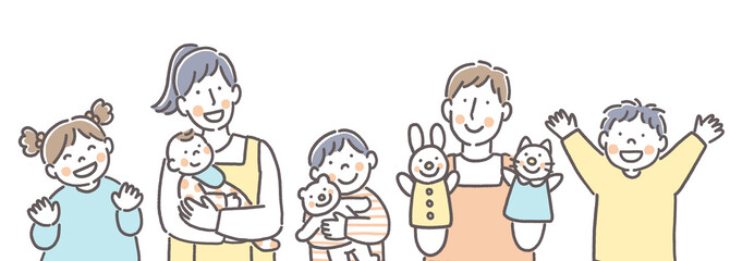 笑顔のこどもたちと保育士