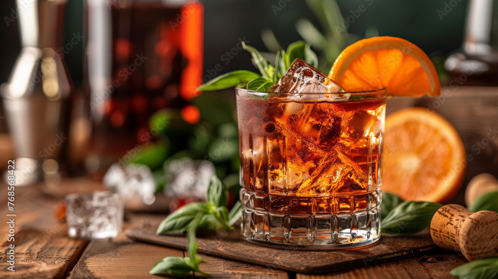 Poster close-up of a negroni cocktail preparation on a bar counter, with a blurred background providing emp