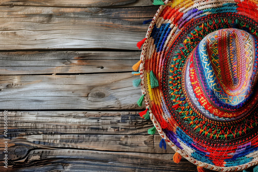 Poster colorful sombrero adorned with intricate patterns rests against a rustic wooden background with empt