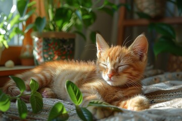 Cute relaxed cat lying on mat