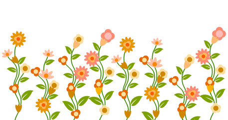 Obraz premium Horizontal white banner or floral background decorated with pretty colorful blooming flowers and leaves border. Spring botanical flat vector illustration on a white background
