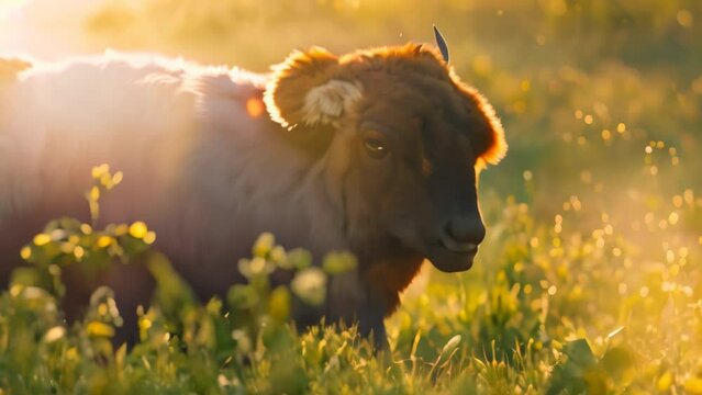 Buffalo eating grass in the field. 4k video animation