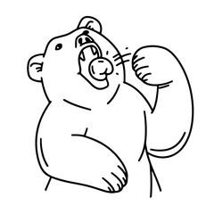 Bear eating dumpling. Young Bear sits in restaurant or cafe and holds fork. Doodle character.