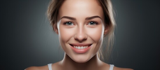 A young woman is smiling brightly, showcasing her happiness before undergoing plastic surgery. Her positive expression reflects anticipation and confidence.