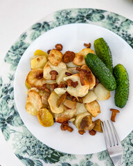 Plate of food with cucumbers, mushrooms, and fork on table
