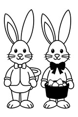 Bunnies wearing Easter accessories like bowties, bonnets, or holding baskets filled with eggs.