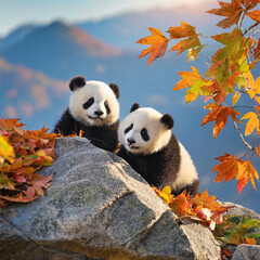 가을산 단풍을 맞이한 쌍둥이 판다