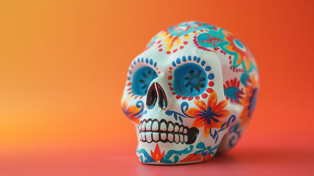Hand-painted ceramic sugar skull rich in detail and vivid colors isolated on a gradient background epitomizing Cinco de Mayo festivities 