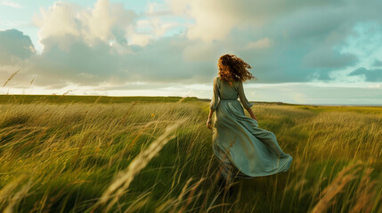Woman walking in green windy field with tall grass wearing long dress.