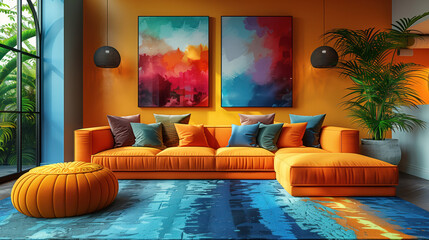 Colorful spacious living room with lots of neon lights and decorations. 