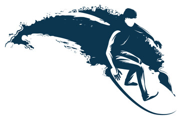 vector black and white drawing of a surfer on a board riding the waves at sea - 768569231