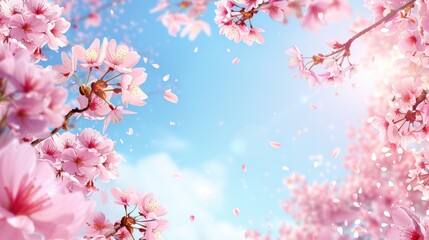With the bright blue sky and fluffy clouds as a backdrop, cherry blossom branches stand out, accompanied by scattered petals floating in the air.