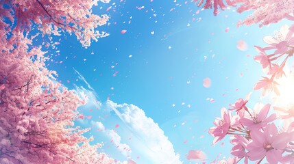 Fototapeta na wymiar Against a bright blue sky with fluffy clouds, cherry blossom branches are showcased with scattered petals floating in the air.