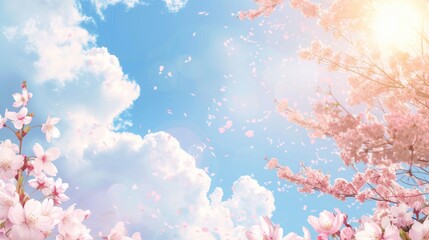 Cherry blossom branches against a bright blue sky with fluffy clouds and scattered petals in the air.