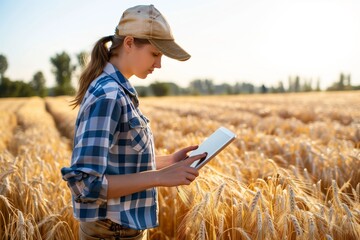 female farmer using a tablet among wheat fields - obrazy, fototapety, plakaty