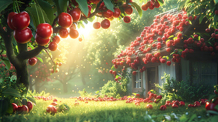 Sun-kissed cherries hang abundantly in an enchanted orchard, their radiant red glow complemented by the golden hour's magical light, near a quaint countryside cottage