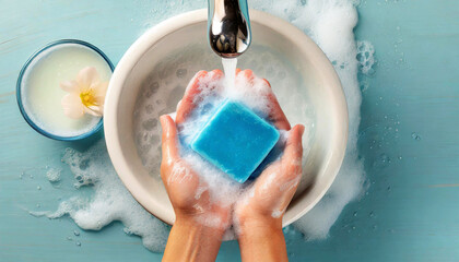 Closeup of soapy female hands. A woman washes his hands with a blue soap over a white sink. Concept of hygiene and cleanliness of the body. Generative Ai.