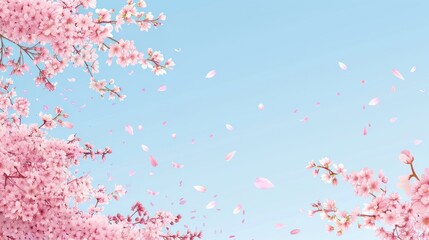 The vibrant blue sky and fluffy clouds provide a backdrop for the cherry blossom branches, with petals scattered in the air.