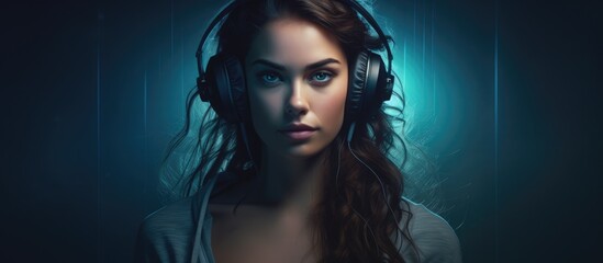 A young woman is pictured in a dimly lit room, wearing headphones. She appears focused and immersed...