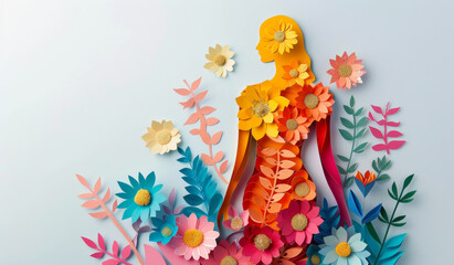 Fototapeta premium Abstract, flower and woman design in the style of papercut for backdrop, wallpaper or graphic poster advertising with copyspace. Rainbow, layers and craft template for background, banner or mockup
