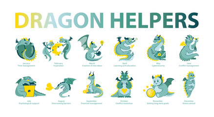 Dragon Helpers set. Vector illustration.
