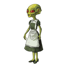 alien with a green head dons a french maid dress