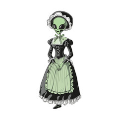 alien with a green head dons a french maid dress