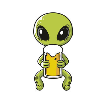 A green alien holds a beer, its big black eyes