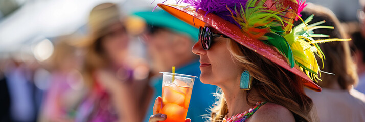 Spectator in a vibrant feathered hat sips mint julep amid a cheering crowd embodying the festive spirit of the Kentucky Derby  - obrazy, fototapety, plakaty