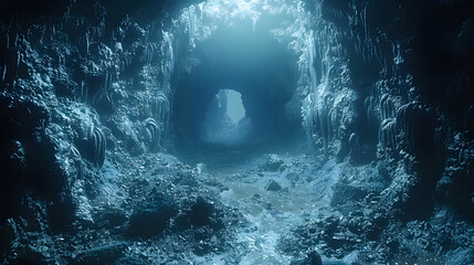 A captivating digital artwork of a mystical ice cave, where the shimmering walls and stalactites are illuminated by a distant glowing light at the entrance
