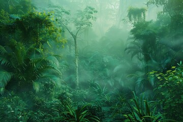 Mystical Rainforest Clearing, Fog, Hidden Creatures, Verdant Green, Magical Realism Style, Digital Rendering