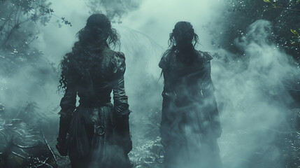 A pair of mysterious women stand amidst swirling fog in a dense, mystical forest setting, creating a haunting atmosphere - obrazy, fototapety, plakaty