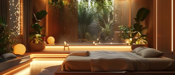 A soothing setup of a spa or wellness center designed for relaxation and sleep therapy with ambient lighting and tranquil decor