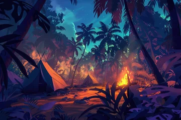 Foto op Plexiglas Jungle Camp at Twilight, Warm Firelight, Dense Flora, Wilderness Camping, Digital Illustration © Pasiporn
