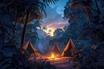 Jungle Camp at Twilight, Warm Firelight, Dense Flora, Wilderness Camping, Digital Illustration - obrazy, fototapety, plakaty