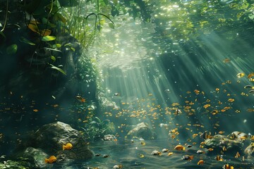 Rainforest Rainy Season, Droplets on Leaves, Renewal Sense, Water Cycle Focus, Digital Art - obrazy, fototapety, plakaty