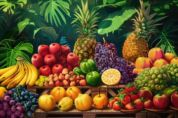 Exotic Jungle Fruit Stand, Colorful Unfamiliar Fruits, Lush Greenery, Tropical Market Theme, Digital Illustration