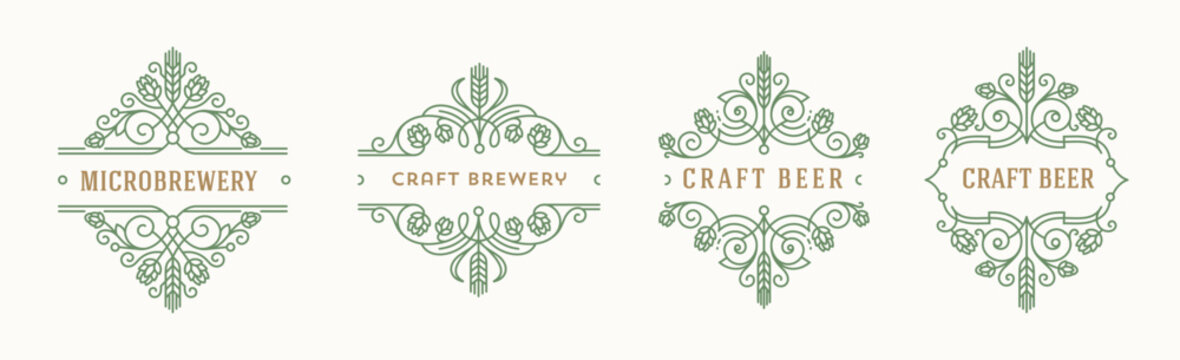 Set of beer labels and logo. Craft beer and microbrewery flourishes emblems. Vector illustration.
