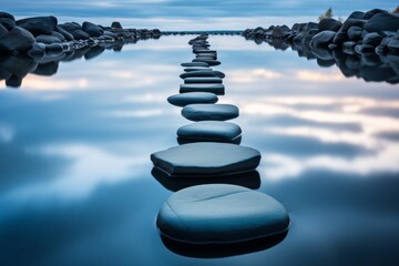 Zen concept serene blue water with stepping stones for peaceful meditation and relaxation