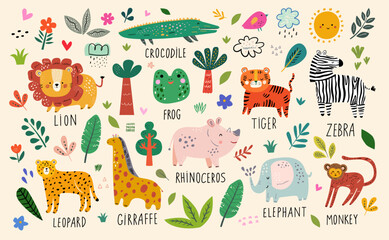 Children's educational poster with signed African animals. Baby hand drawn set for textile, posters, cards. Baby animals pattern. Fabric baby design.  - obrazy, fototapety, plakaty