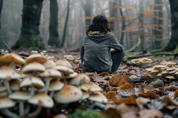 Fototapeta premium person sitting on the forest floor surrounded by mushrooms