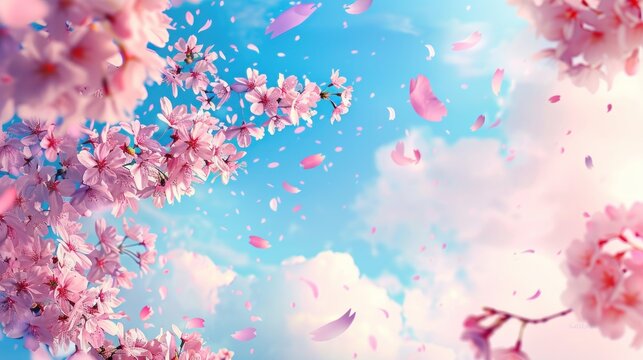 Pink cherry blossoms falling on blue sky on blur background. generative AI, generative, AI