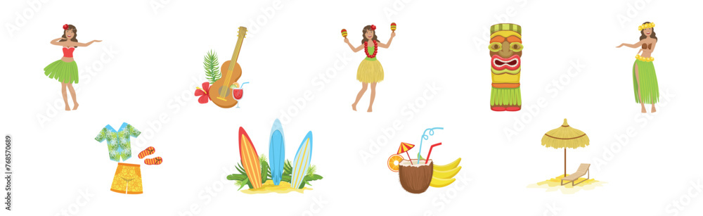 Aufkleber hawaiian object and item of beach resort vector set