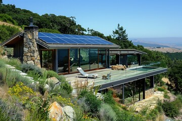 Fototapeta na wymiar Technology-Nature Integration, Solar Panels on Hillside Home